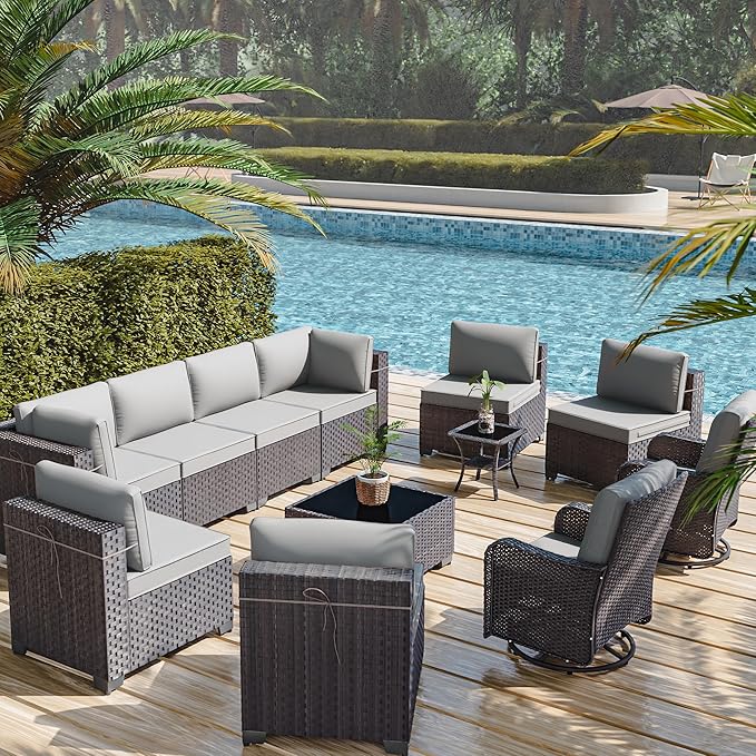 12 Pieces Outdoor Patio Furniture Set,Outdoor Sectional Furniture All Weather PE Rattan Wicker Patio Conversation Set with Coffee Table,Swivel Rocking Chairs Set,Grey