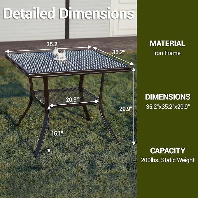 35.2" Square Outdoor Bistro Table, All-Weather PE Rattan Patio Side Table w/Sturdy Metal Frame & Adjustable Foot Pads, Wicker Dining Table for Poolside Backyard Garden Balcony, Blue/White