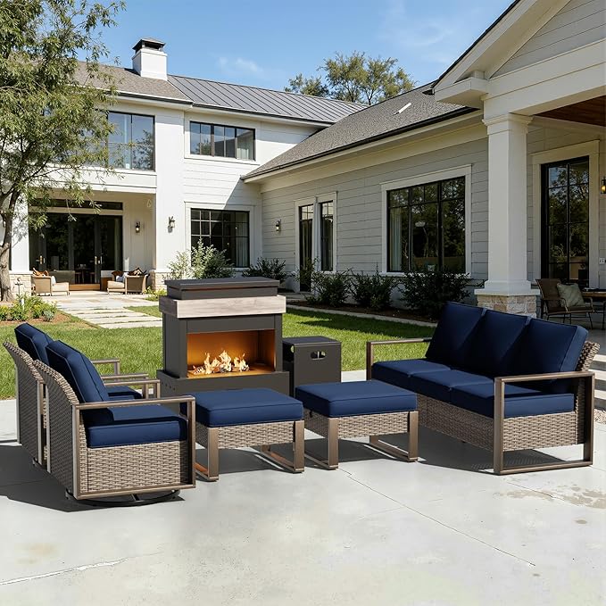 6 Pieces Metal Wicker Patio Furniture Set - 75" Sofa, Two Swivel Chairs and Two Ottomans, One Fireplace All Weather Rattan Outdoor Conversation Furniture with Washable Cushion for Deck, Dark Blue