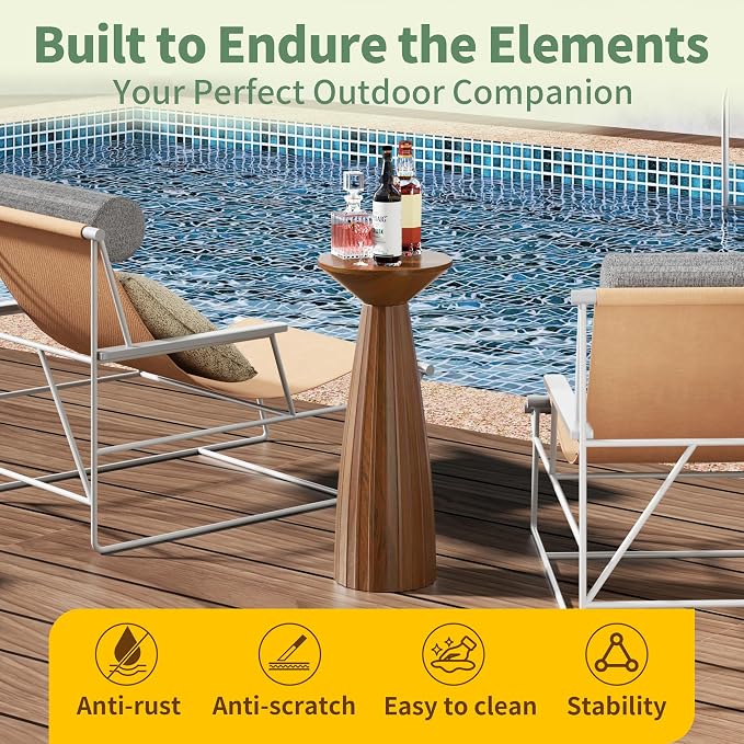 Modern Patio Side Table, Mid-Century Metal Outdoor End Table, Pedestal Round Accent Table for Poolside, Balcony & Living Room, Weather Resistant, No Assembly Required, Brown