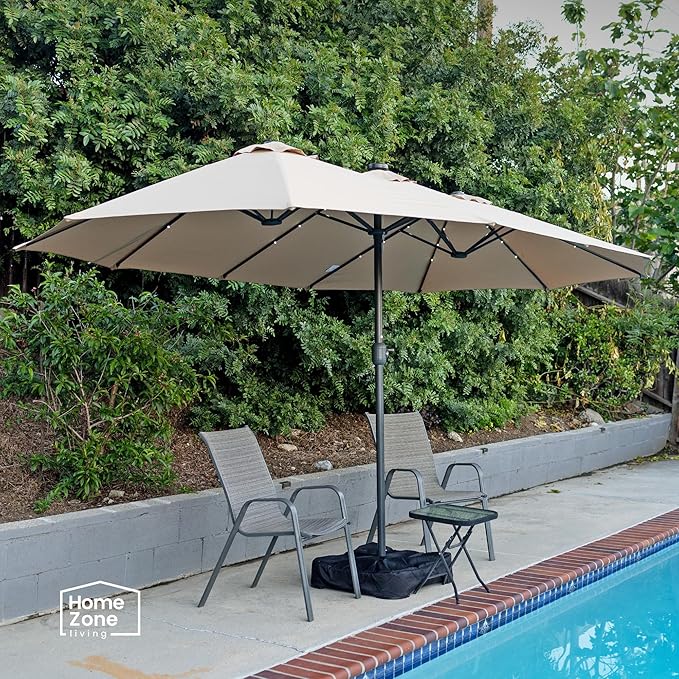 Home Zone Living 15x9 Ft Double Head Patio Umbrella with Base, 36 LED Lights, Sand Bags, UV Resistant & Waterproof, 213 LBS Total Weight, Beige Tan