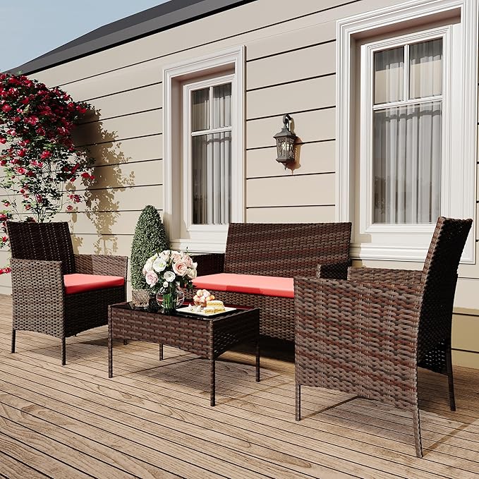 GAOMON 4 Piece Patio Furniture Set, Modern Patio Conversation Set with Glass Coffee Table, PE Wicker & Cushions for Poolside, Deck, Balcony, Brown & Red