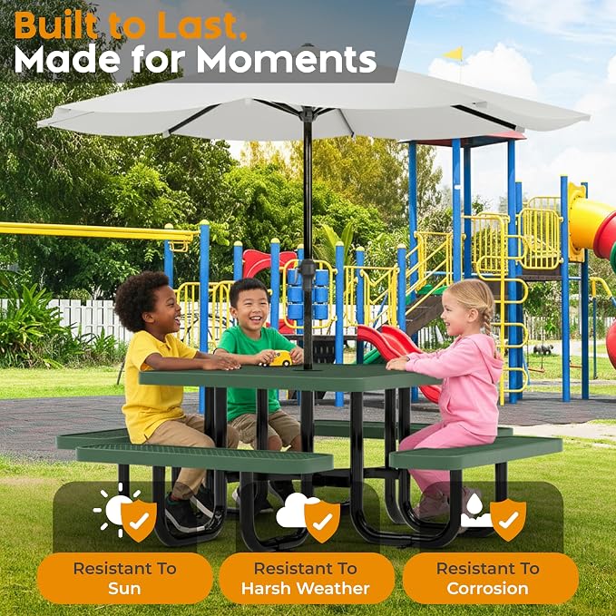 Square Metal Picnic Tables for Kids for Outdoors with Umbrella Hole, Adjustable Seats for School, Park, Playground (Green, 38 in, Kids, Square)