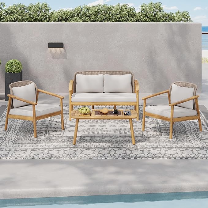 Merax 4-Piece Outdoor Acacia Wood Conversation Set with Coffee Table, Woven Rope Backrest Chair and Loveseat Sofa, Patio Furniture Set for Your Porch, or Balcony, Light Teak Finish, Beige Cushion