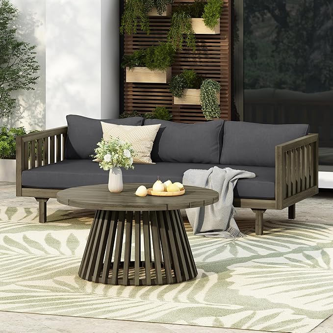 Merax Outdoor Acacia Wood Conversation Set - Patio 3-Seat Loveseat Sofa w/Coushion and Round Coffee Table for Backyard, Lawn, Balcony, Gray