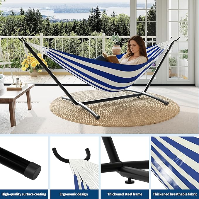Double Hammocks with Stand for Outside, Portable Space Saving Heavy-Duty Steel Stand for Indoor Outdoor Patio with Carrying Bag, 450 lbs Capacity