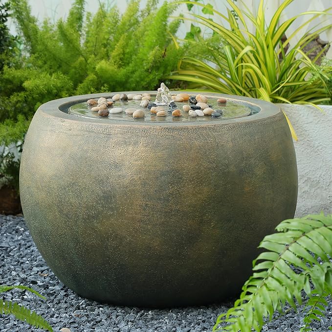 Tankana Garden Water Fountain Outdoor Large Round Bubbler Water Feature Indoor with Lights & Pump and Pebbles Concrete Effect for Patio Pool Pond Yard Home Decor Gold, 25 "L X 25" W X 17.5" H