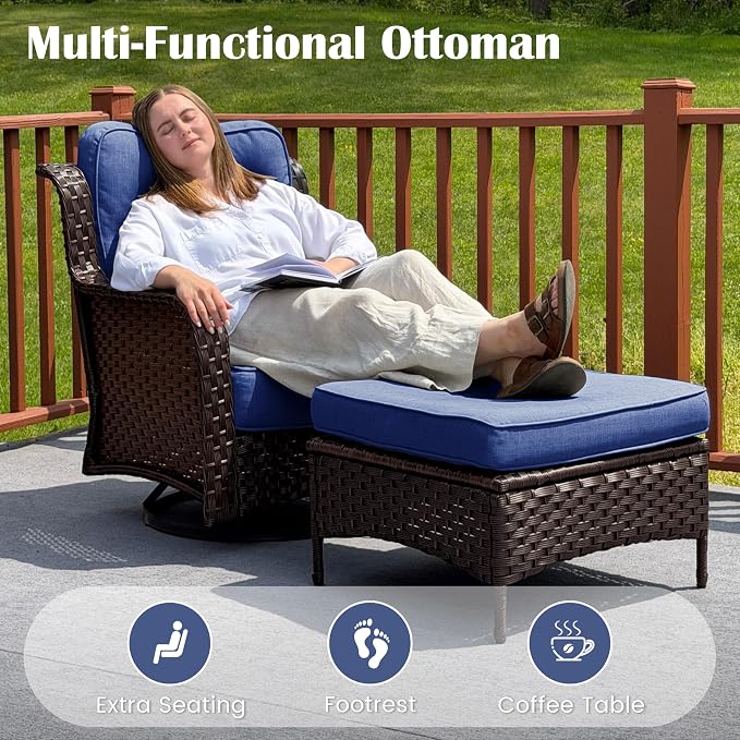 Sundale Outdoor 7 Piece Wicker Patio Furniture Set, High Back Outdoor Couch with Swivel Chairs, Ottoman & Coffee Table, 6" Thick Cushion Patio Conversation Sets with Deep Seating for Yard, Deck (Blue)