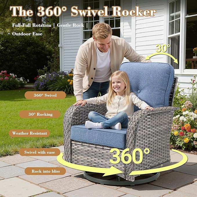 3 Pieces Patio Furniture Set,All-Weather Rattan Wicker Outdoor Furniture with Swivel Rocking Chairs and Side Table,High Back Conversation Set for Porch,Backyard,Balcony,Denim Blue