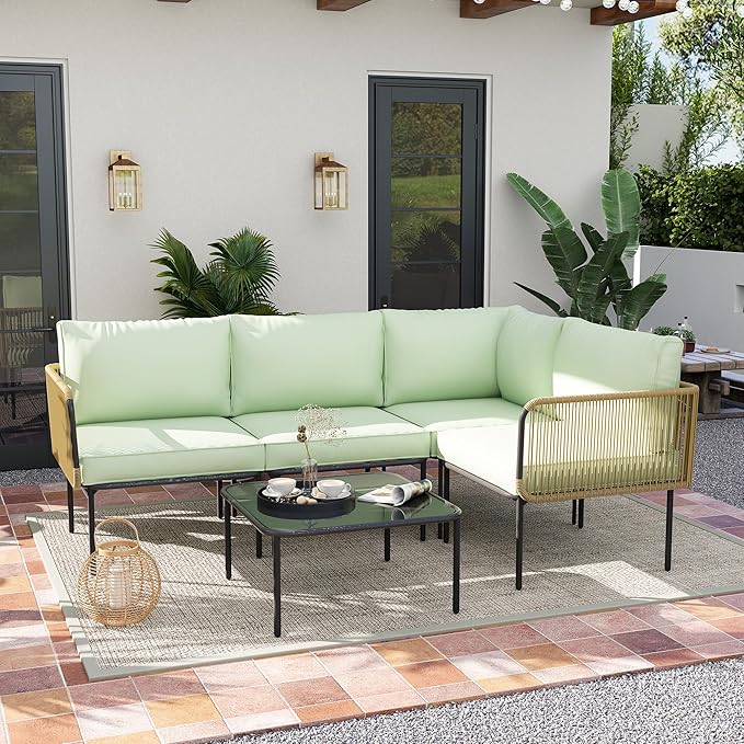 Patio Furniture Set, 5 Piece Outdoor Patio L-Shaped Conversation Set with Cushions and Table, All-Weather Rattan Woven Sectional Sofa for Backyard, Porch, Boho Detachable Lounger (Green)