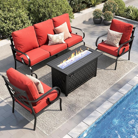 PHI VILLA Patio Furniture Set, 3-Seater Sofa, 2 Fixed Chairs and a 45" Fire Pit Table, Outdoor Metal Conversation Set with 5.75" Extra Thick Cushion for Garden Backyard Deck, Red