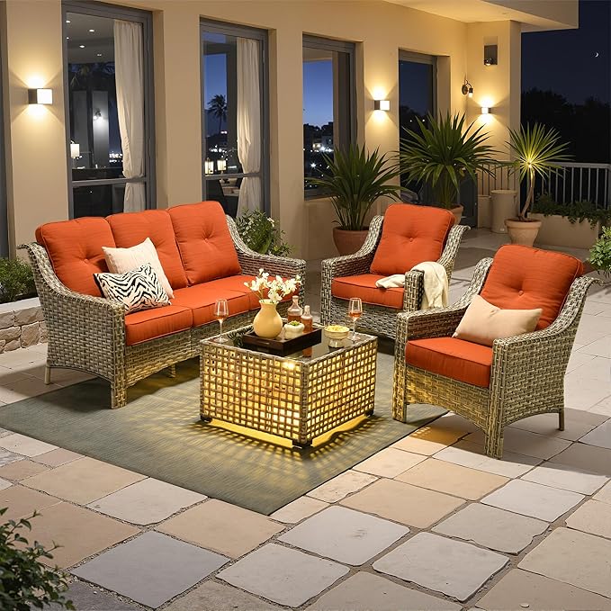 Outdoor Patio Furniture Sets, 4 PCS Patio Conversation Set Outside Rattan Sofa with Solar Light Coffee Table Comfy Cushions Fit Backyard Porch Garden Poolside Balcony,Coarse Stripes Red