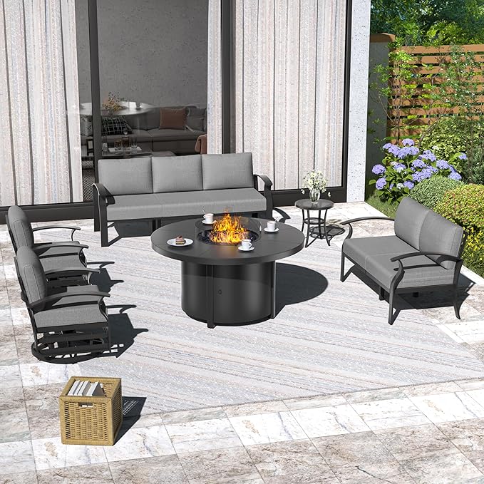 ALAULM Aluminum Patio Furniture Set with 40,000 BTU Round Propane Fire Pit Table 7-seat Metal Outdoor Furniture w/ 2 Swivel Chairs Patio Sectional Sofas for Patio, Lawn, Poolside（Grey