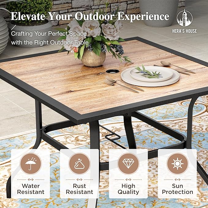 HERA'S HOUSE Patio Table and Chairs for 4, 5 Pieces Outdoor Deck Dining Sets, Square Metal Table Set with Chairs for Lawn Garden Backyard, Brown