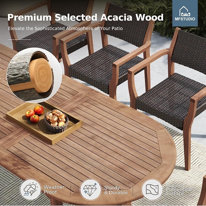 MFSTUDIO Teak Outdoor Dining Set for 8, Outdoor Wood Table and Chairs, 9 Pieces Outdoor Dining Table Set with Rattan Chairs, Wood Patio Dining Furniture Expandable Table for 8