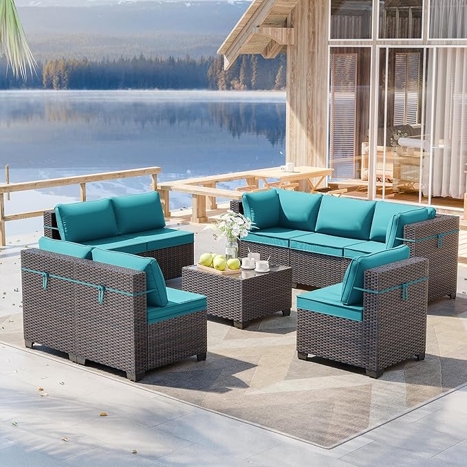 ALAULM 9 Pieces Patio Furniture Set Wicker Patio Conversation Set, Outdoor Sectional Furniture w/Coffee Table & Washable Seat Cushions-Blue