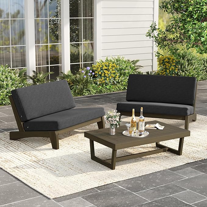 UIXE Wood Patio Furniture Sets, 3 Pieces All Weather Patio Loveseat Sofa Outdoor Sectional Futniture Backyard Conversation Set with Solid Wooden Coffee Table - Dark Gray