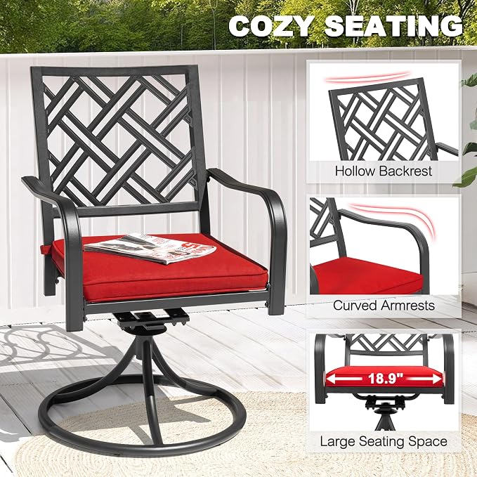 NUU GARDEN 7 Piece Outdoor Patio Dining Set, 61" x 37" Rectangle Table with Umbrella Hole and 6 Swivel Chairs with Red Cushions, for Lawn Balcony Garden, Black and Red