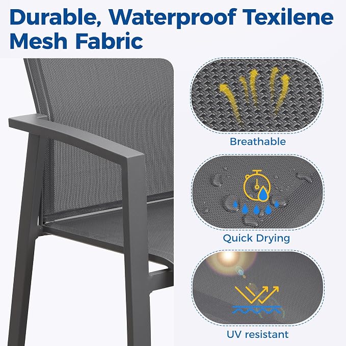Wisteria Lane Outdoor Patio Dining Set, 5 Piece Aluminum Modern Outdoor Table and Chairs Set for 4, Metal Expandable Patio Table & 4 Stackable Textilene Chairs for Balcony Deck Backyard, Grey