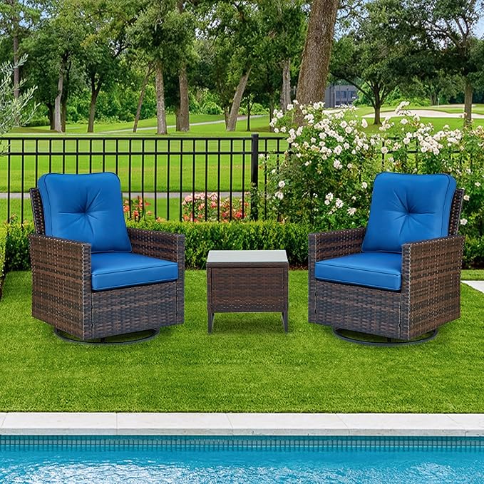 AVAWING 3 Pieces Patio Bistro Set, Wicker Swivel Glider Chairs with Tempered Glass Side Table, Patio Chair Set with Waterproof Blue Cushions for Garden, Balcony and Porch