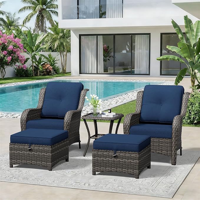 5 Piece Outdoor Wicker Patio Furniture Set, Patio Chairs Set with Thickened Olefin Cushions, High Back and Deep Seating, Hand-Woven PE Rattan, Ottoman for Porch, Deck