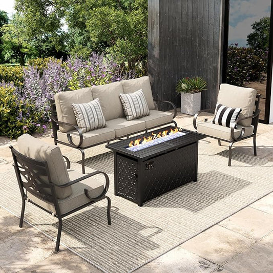 Sophia & William Patio Conversation Set for 5, 3-Seater Sofa, 2 Fixed Chairs and a 45" Fire Pit Table, Metal Outdoor Furniture with 5.75" Extra Thick Cushions, Beige