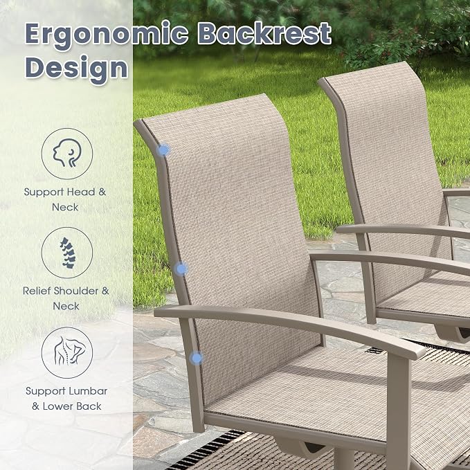 VICLLAX 5 Pieces Patio Outdoor Dining Set, 4 Swivel Textilene Chairs and 47.2" Round Metal Table with Umbrella Hole for Porch, Deck, Garden, Sandshell