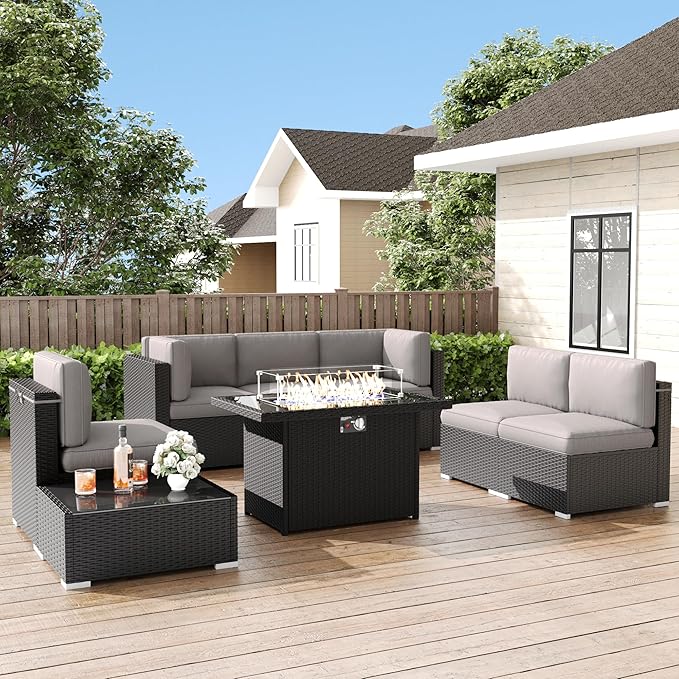 LayinSun 8 Pieces Patio Furniture Set with Fire Pit Table, Black Rattan Modular Sectional Patio Conversation Sofa Set