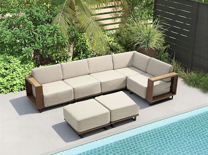7 Pieces Outdoor Patio Furniture Set, PE Rattan Weaving Sofa with 10 inch Thick Cushions, Dining Table and Coffee Table with Steel Frame and Wooden Board, Brown/Light Gray Linen