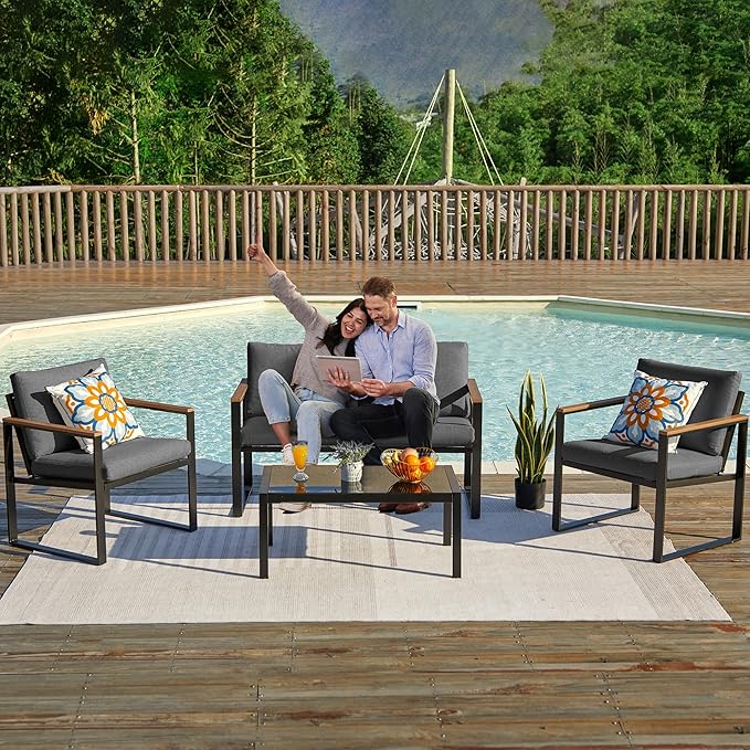 NATURAL EXPRESSIONS 4 Pieces Patio Furniture Sets,Metal Outdoor Patio Furniture Sets,Outdoor Sectional Patio Conversation Set,Wooden Anti-Scald Armrest,Sling Mesh,4" Olefin Cushions Dark Grey