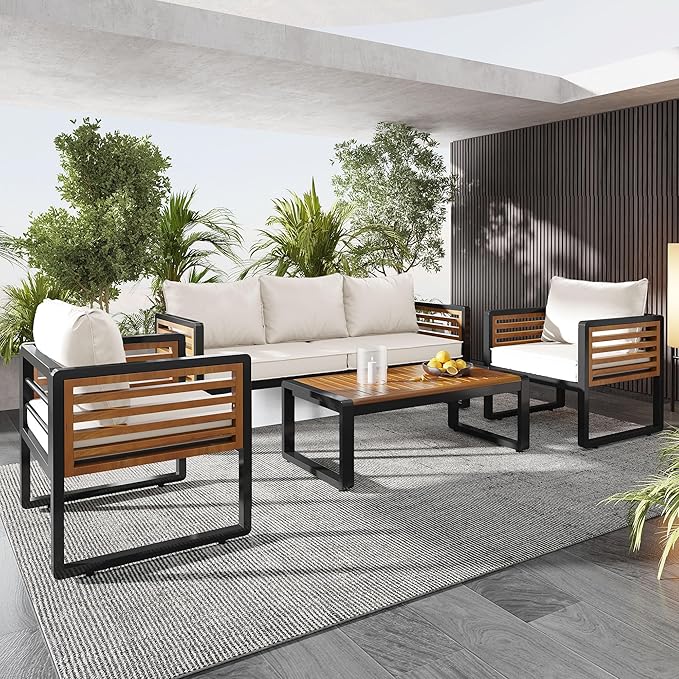 4-Pieces Outdoor Patio Sectional Sofa Set with Coffee Table, All-Weather 5 Person Conversation Set with Thick Cushions and Pillows for Garden Backyard Balcony, Acacia Wood Tabletop (Beige-N74)