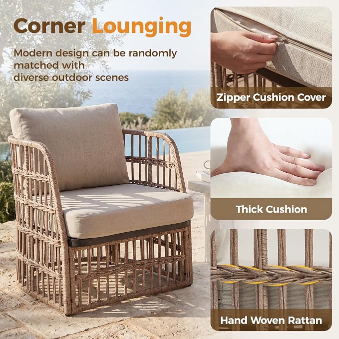 Patio Wicker Furniture Set, Outdoor Sectional Furniture Set, 4 Piece Rattan Patio Conversation Sets, Balcony Loveseat, Outdoor Sofa for Backyard, Garden, Outside, Lawn, Poolside, Beige