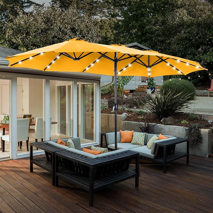 HERA'S PALACE 15ft Patio Umbrella with Base Included Double Sided Outdoor Umbrella for Patio Table Umbrella Outdoor 36 LED Solar Lights for Garden