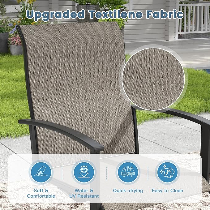 DIFY 9 Pieces Outdoor Dining Set, Metal Patio Table and Chairs Set for 8 with Umbrella Hole, 59.8" Black Round Table and Brown Textilene Swivel Patio Chairs for Garden, Backyard, Poolside