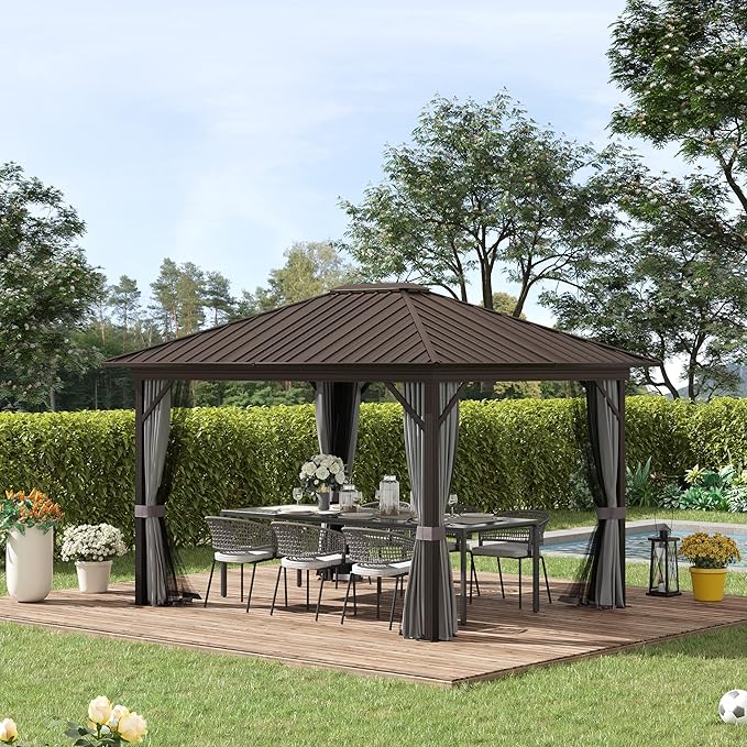 Outsunny 10' x 12' Hardtop Gazebo with Curtains and Netting, Permanent Pavilion Metal Single Roof Gazebo Canopy with Aluminum Frame and Hooks, for Garden, Patio, Backyard, Gray