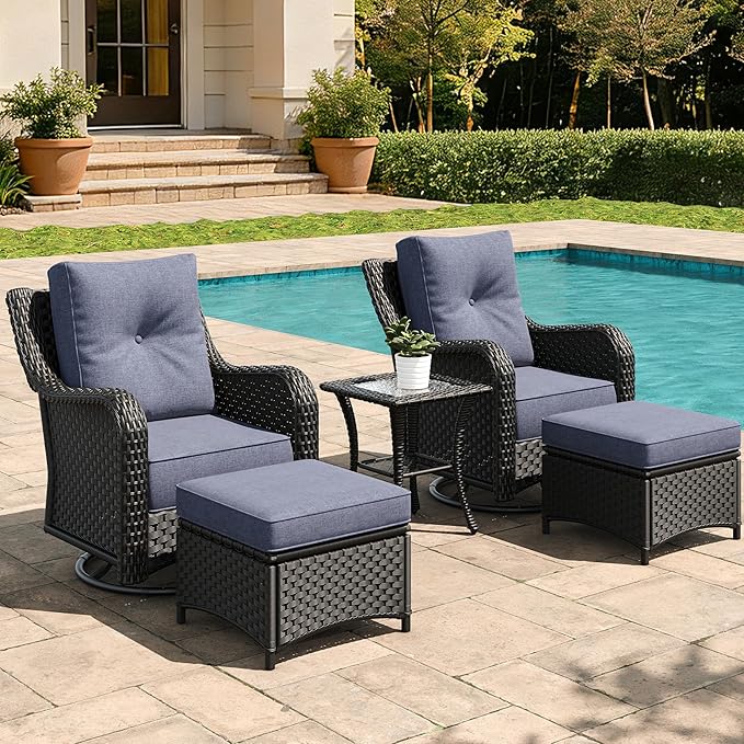 5 Pieces Outdoor Furniture Set with 6-inch Cushions, High Back Wicker Swivel Rocker Chairs with Coffee Table, Luxury Conversation Set for Deck Patio and Poolside