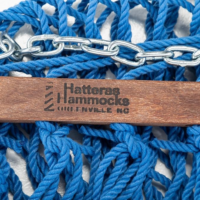 Hatteras Hammocks Large Coastal Blue DuraCord Rope Hammock – 13 ft. x 55 in., 2-Person, 450 lb Capacity, Cumaru Spreader Bar, Zinc-Plated Hardware – Handcrafted in The USA