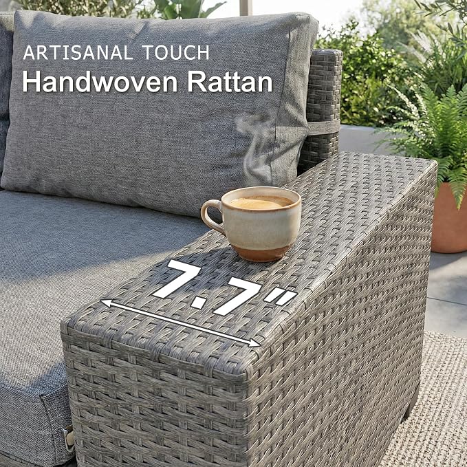SUNSITT 6-Piece Patio Furniture Set, Outdoor Wicker Modular Sectional Sofa with 7.7-inch Wide Armrests & Thick Comfy Cushions, Glass Top Coffee Table, Rattan Conversation Set, Grey Color