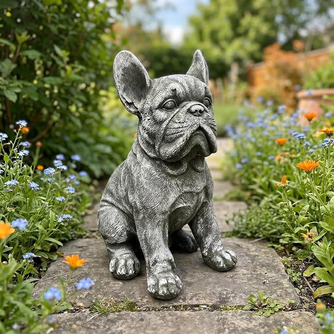 French Bulldog Statue, Grey, 16" Large Dog Garden Sculpture | Weatherproof Resin, Stone Effect, Realistic Frenchie Figurine, Outdoor Yard Patio Lawn Porch Decor