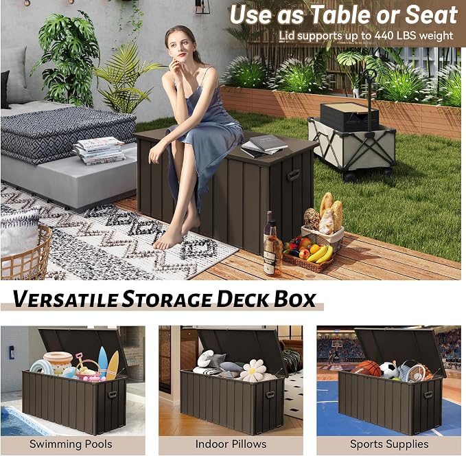 Metal Outdoor Storage Box,160 Gallon Waterproof Large Deck Box, Lockable Heavy Duty Home and Outside Storage Cabinet/Bin Container for Patio/Poolside/Backyard Cushions, Pillow -Brown