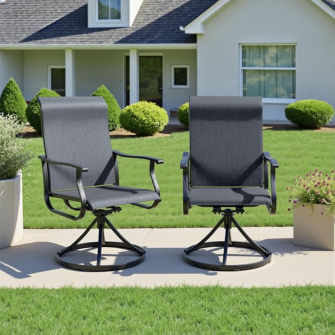Crownland Outdoor Swivel Dining Chair Set of 2, All Weather 360° Swivel Rocking High Back Model Patio Dining Chairs, Textilene Fabric Wrought Iron Chair Set for Backyard, Lawn, Garden(Black)