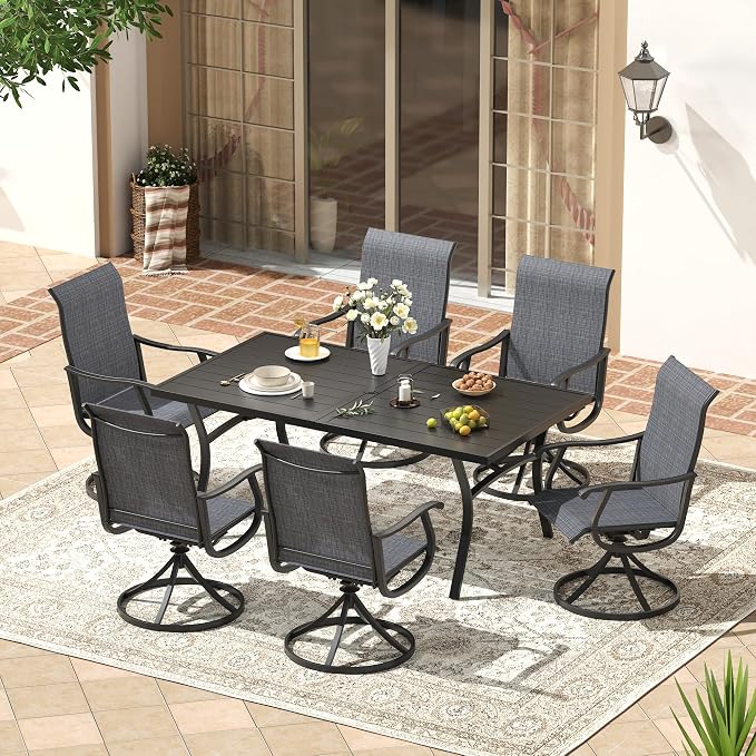 VICLLAX 7 Pieces Patio Outdoor Dining Set, 63" Outdoor Rectangular Metal Table with Umbrella Hole and 6 Stackable Textilene Chairs for Patio, Lawn, Garden, Porch, Black/Dark Grey