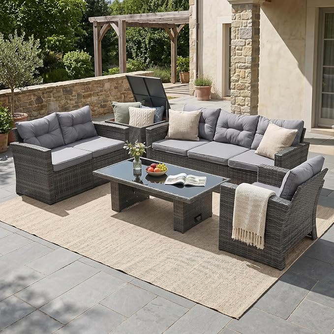 JOIVI 8 Pieces Outdoor Patio Furniture Set with Height-Adjustable Lifting Dining Table, Wicker Sectional Furniture Sofa Set with Storage Box, Patio Conversation Set for Backyard, Deck, Gray