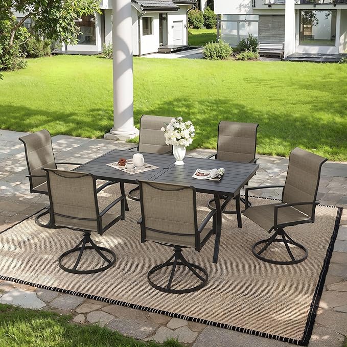 VICLLAX 7 Pieces Outdoor Dining Set, Patio Furniture Set Includes 63" Rectangular Metal Table W/ 1.9" Umbrella Hole and 6 Padded Textilene Swivel Chairs for Porch, Lawn, Garden, Backyard