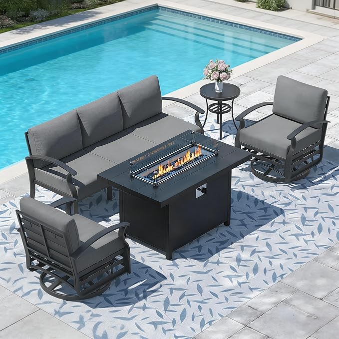 Aluminum Outdoor Patio Furniture Set,5 Pieces 5 Seats Metal Patio Sectional Furniture Set,Patio Conversation Sets with 45" Propane Fire Pit Table,Swivel Rocking Chairs Set,Grey