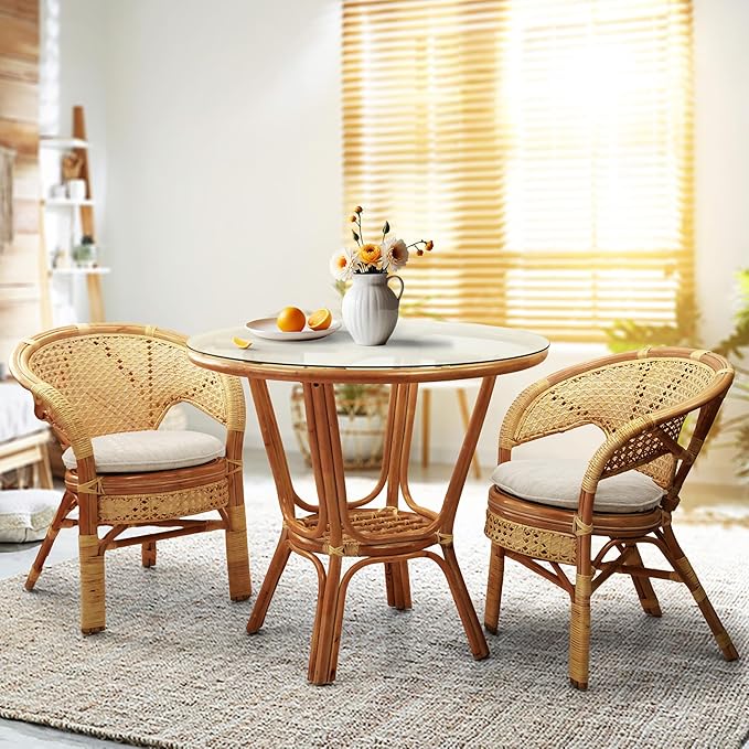 3 Pcs Pelangi Rattan Wicker Dining Set Round Table Glass Top and 2 Arm Chairs with Cream Cushion, Colonial Color