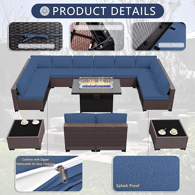 Outdoor Terrace Furniture Set, 15 Piece Outdoor Furniture Set, with 43 inch Aluminum 55003 BTU Propane fire Pit, PE Willow Vine Terrace Dialogue Set - Blue.