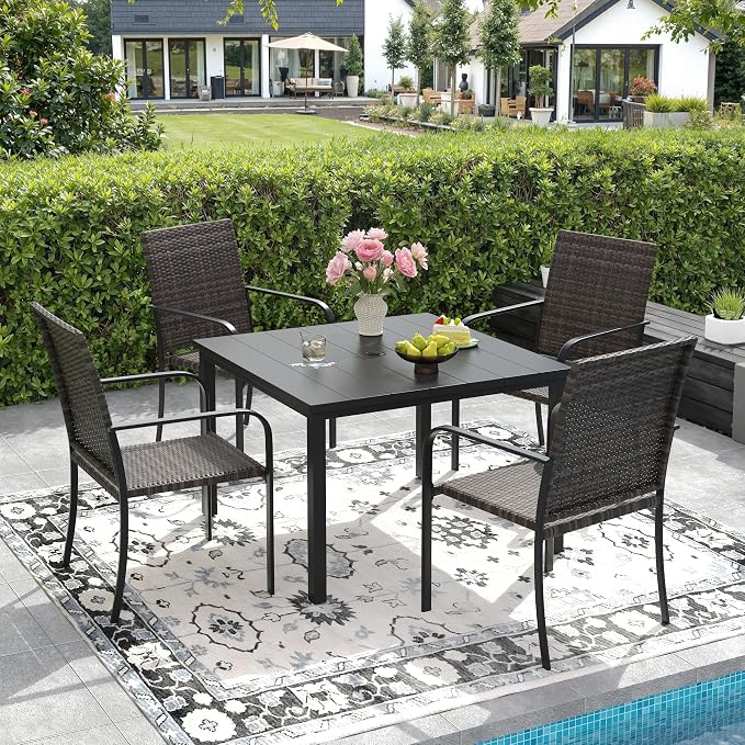 DIFY 5 Piece Outdoor Dining Set for 4, 40.2" Black Square Metal Dining Table with Umbrella Hole and Stackable Wicker Patio Chairs, All-Weather Patio Table and Chairs Set for Deck Garden Backyard