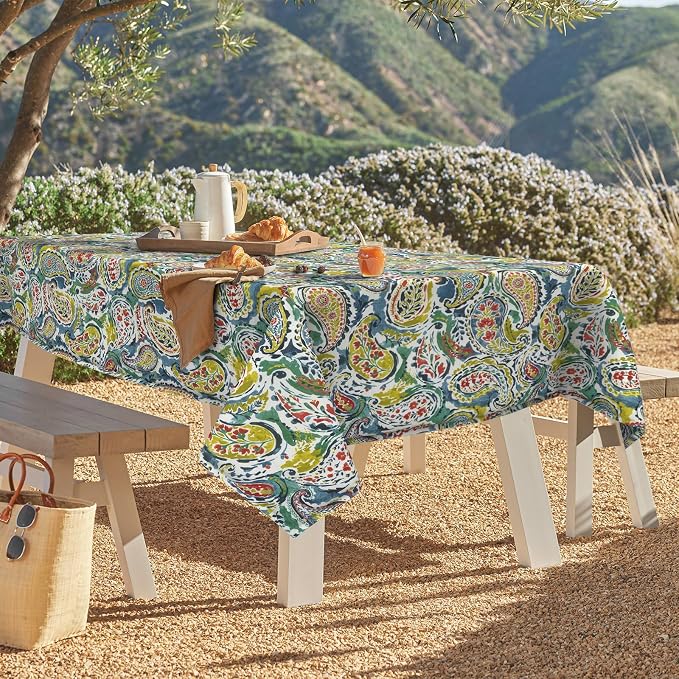 DYTXIII Outdoor Rectangle Tablecloth with Umbrella Hole and Zipper 84" x 60", Water Repellent Floral Picnic Cover, Fade & Wrinkle Resistant Tablecloth for Patio/Garden/Party Table, Paisley Paradise