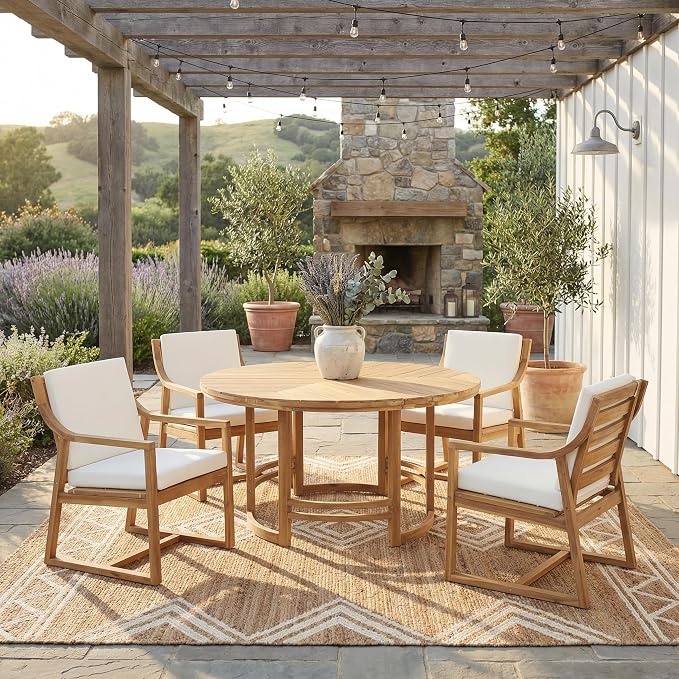 WILLIAMSPACE 5-Piece Acacia Wood Round Outdoor Patio Dining Set with 4 Chair, Light Teak